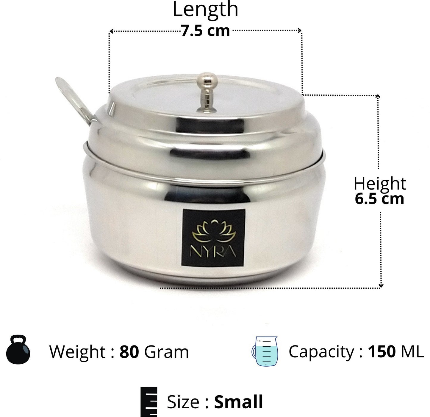 Dimensions of 150 ml Stainless Steel Ghee/0il Pot Storage Container with Spoon