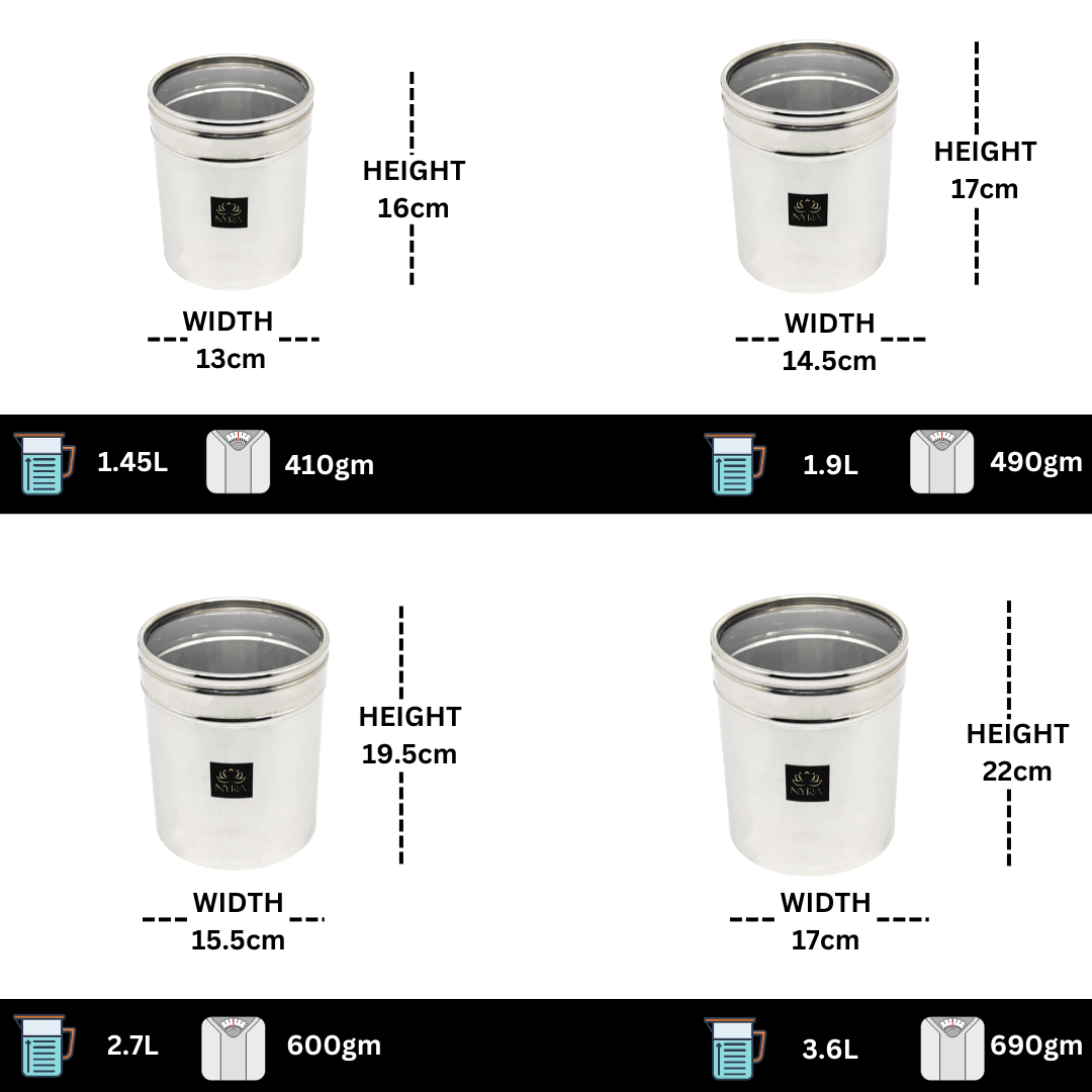 Dimensions of all Stainless Steel Multipurpose Kitchen Storage Container