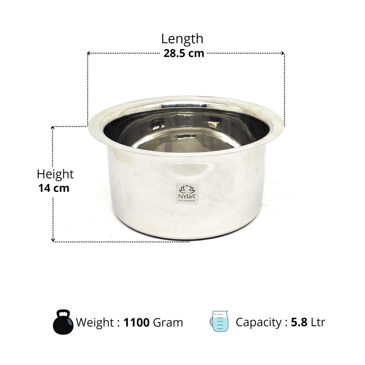 Dimensions of Stainless Steel Tope/Bhagona with Steel Lid