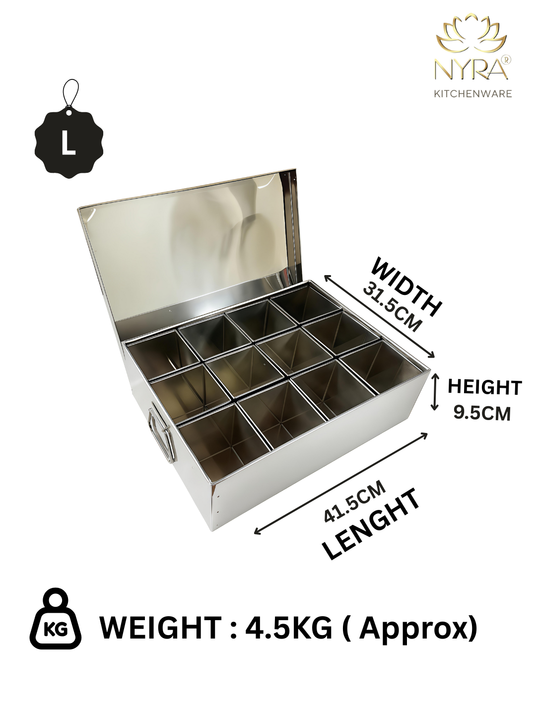 Stainless steel storage box with compartments, dimensions, and weight information on a white background.