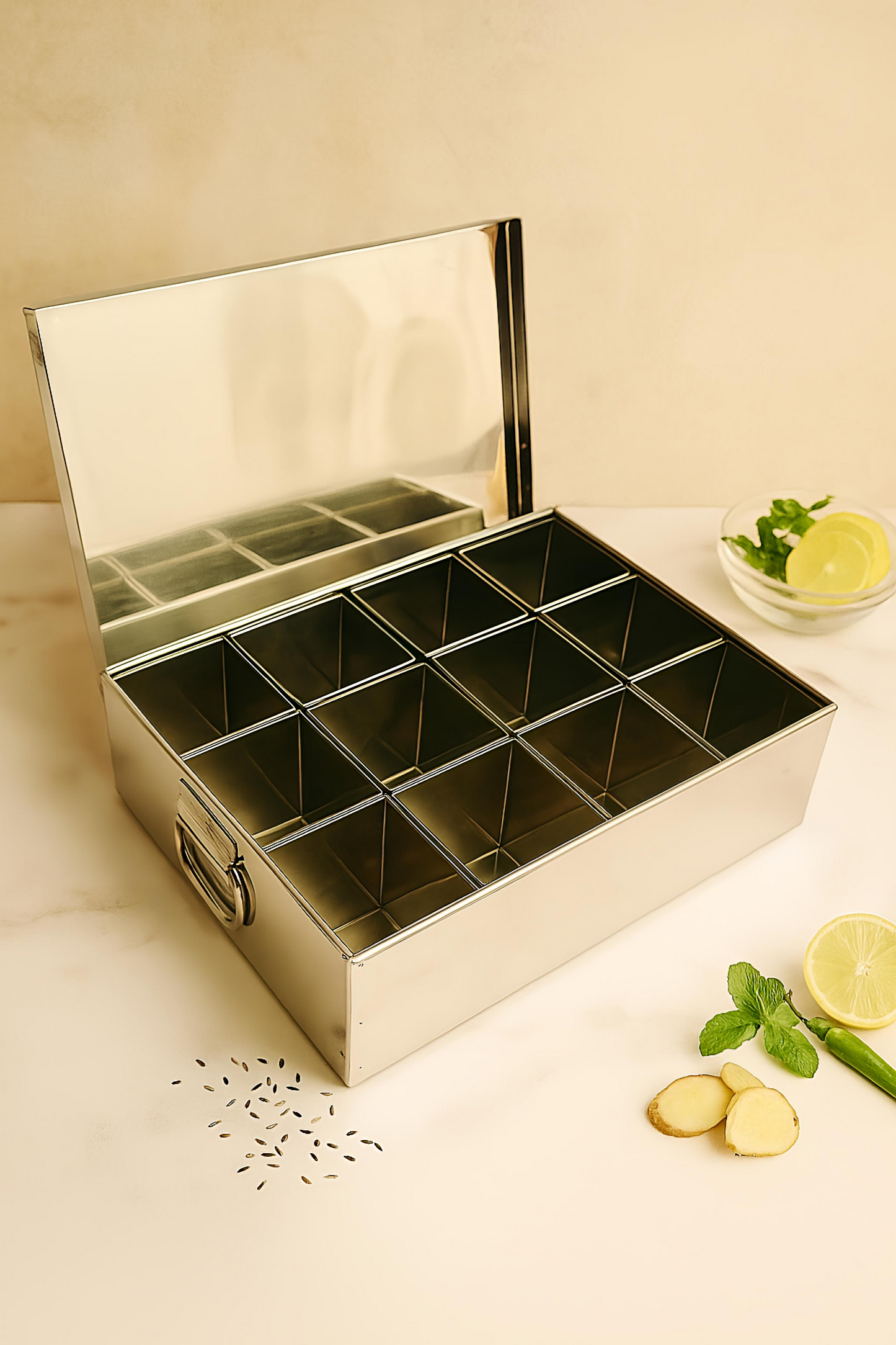 Metallic tea box with compartments on a light surface with lemons and mint.