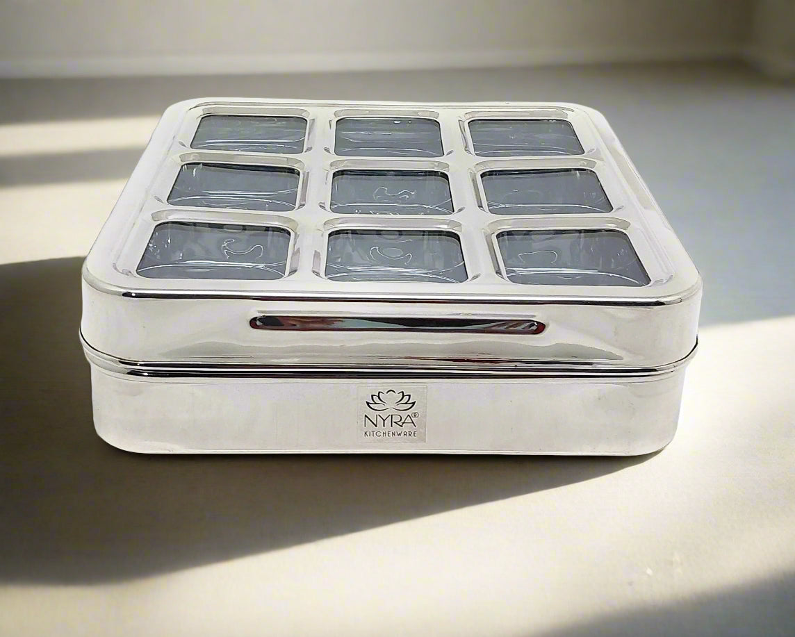 Stainless Steel 9 Compartment Dry fruit/Spice Box | Square-shaped Multipurpose Box | Kitchen Organiser with See-Through Lid