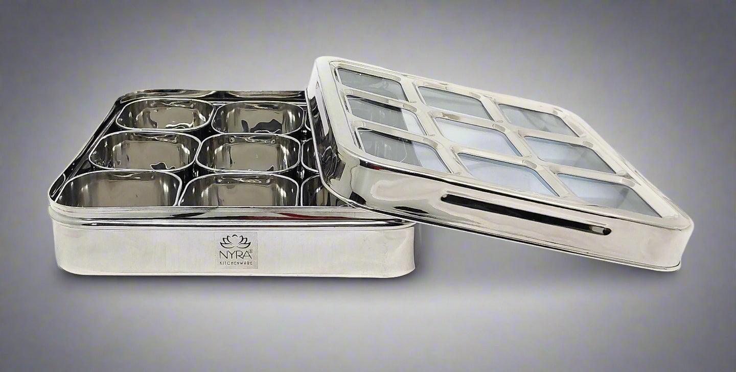 Stainless Steel 9 Compartment Dry fruit/Spice Box | Square-shaped Multipurpose Box | Kitchen Organiser with See-Through Lid