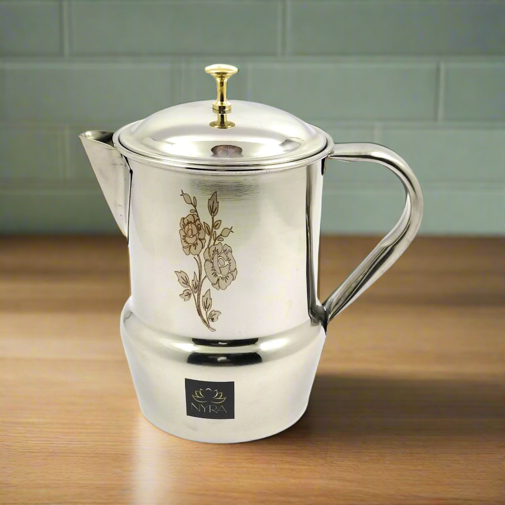 Stainless Steel Tea/Coffee Pot | Lazer Floral Print with Brass Knob