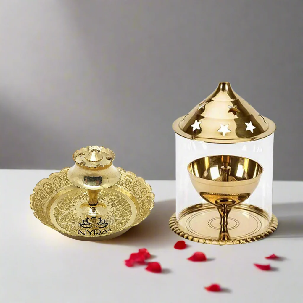 Brass Akhand Jyoti Diya with Borosiliate Glass Cover and Agarbatti stand Set/Combo