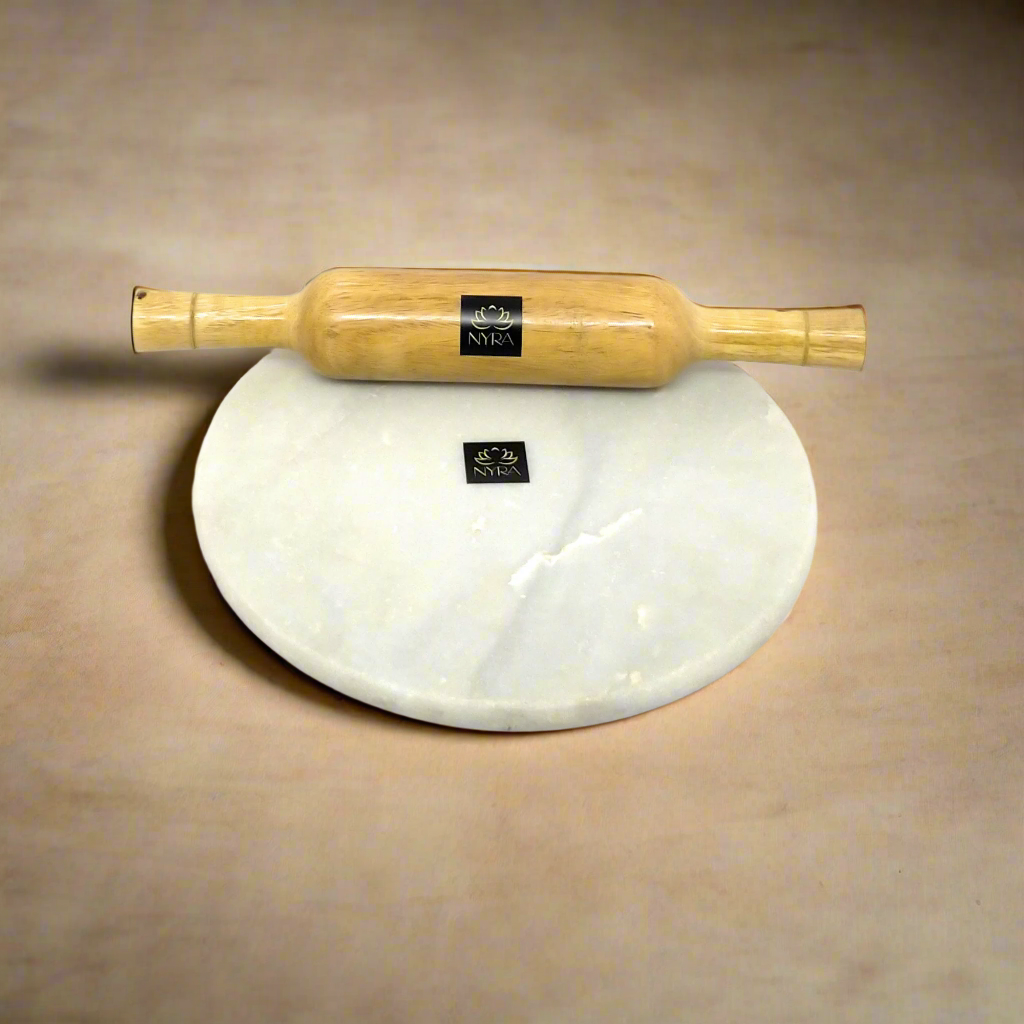 White Marble Chakla with Wooden Belan – Premium Roti Rolling Board & Pin
