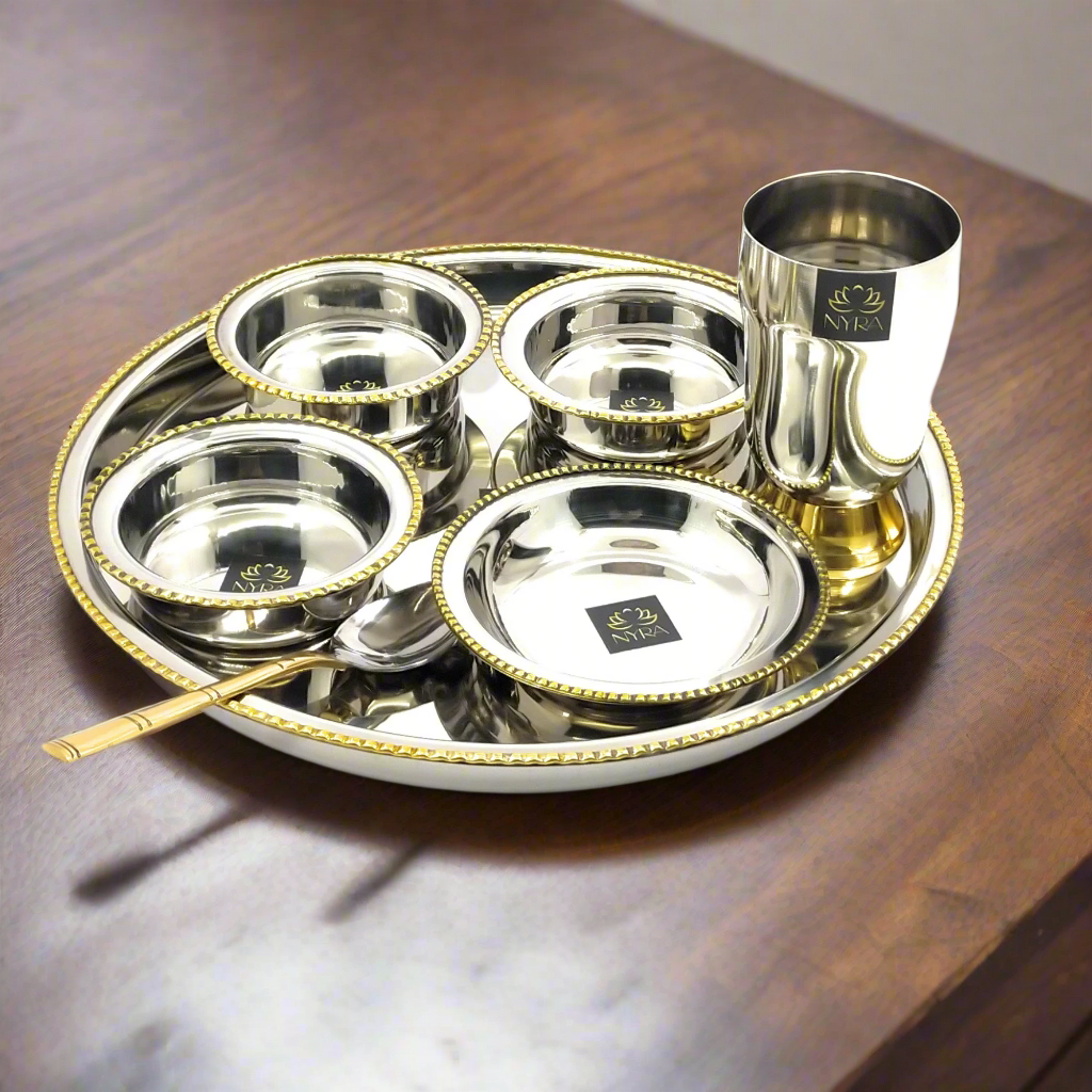 Stainless-Steel Two-Tone Thali Set with Brass detailing – 7 Pcs Set