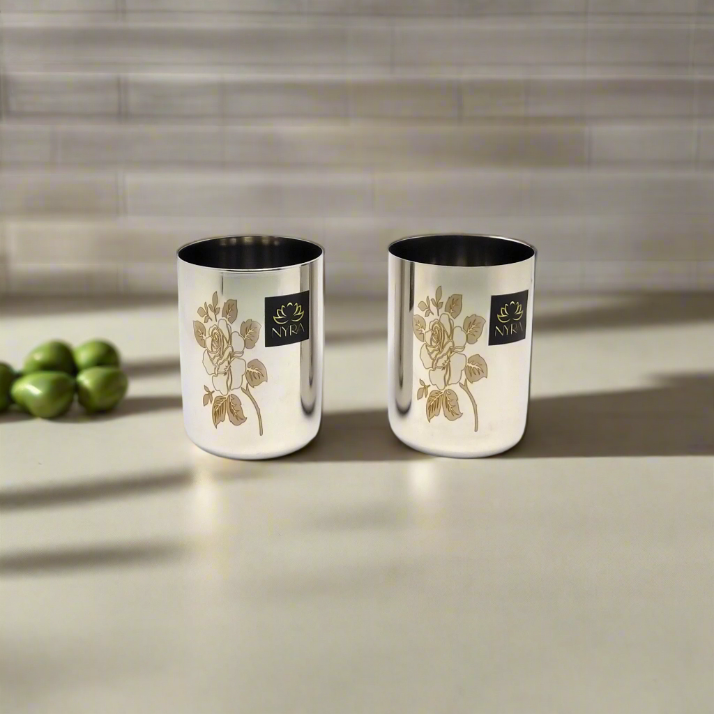Stainless Steel Tumbler/Glass Set – with Floral Laser Design - 400ML