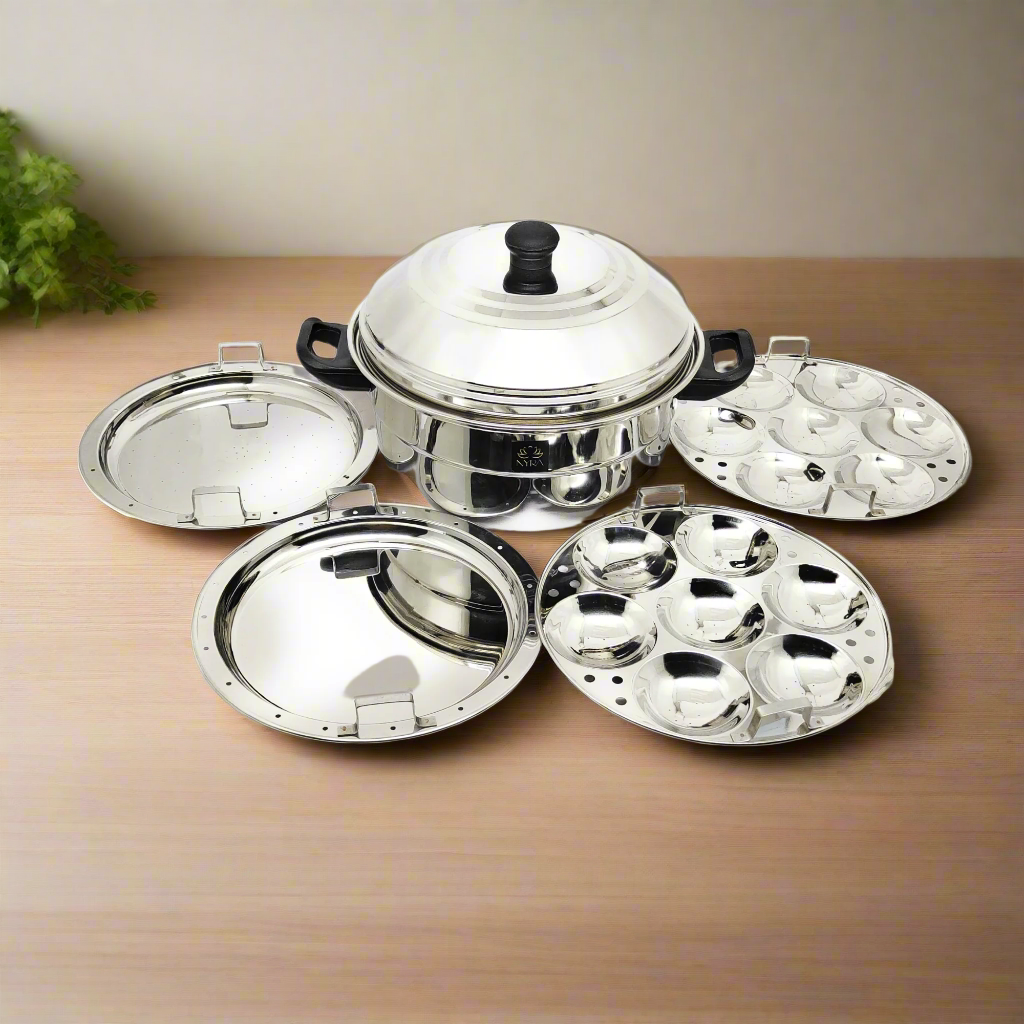 Premium Stainless Steel Multi-Idli Cooker Pot with Stackable Idli Plates - 12, 14 & 21 Idly Stands