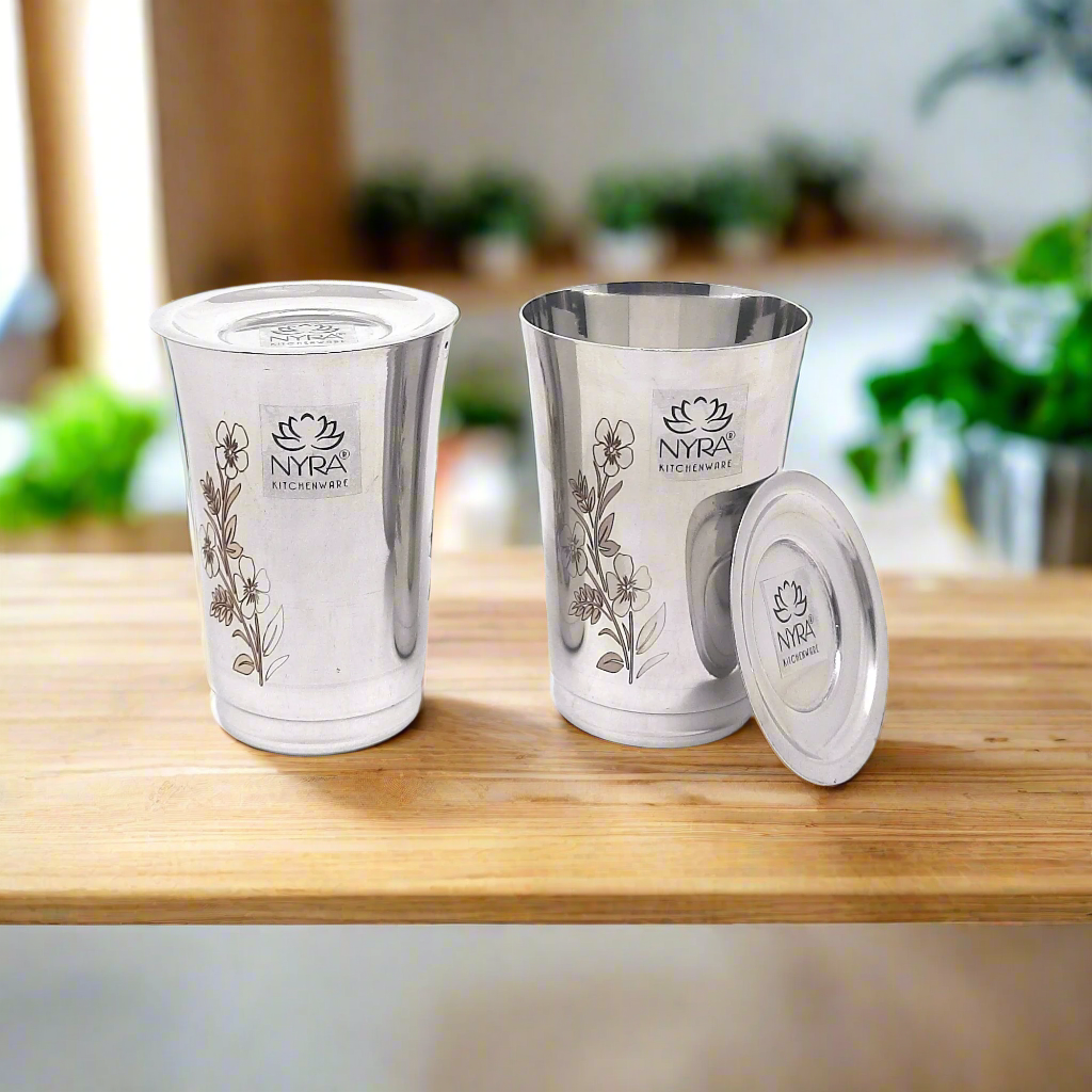 Stainless Steel Floral Print Glass Set with Lid