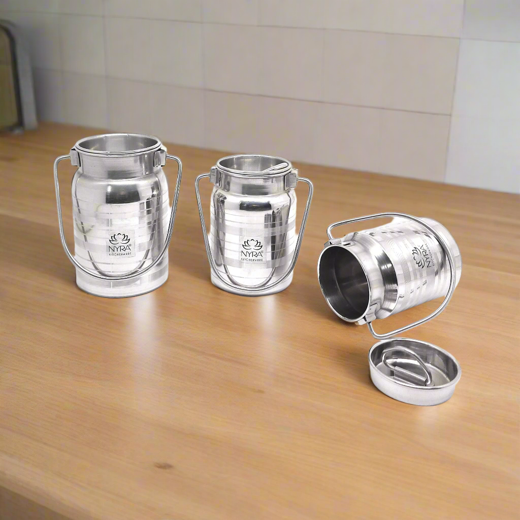 Stainless Steel Milk Can & Oil Pot Set | Glossy Silver Jointless Design with Lid Barni