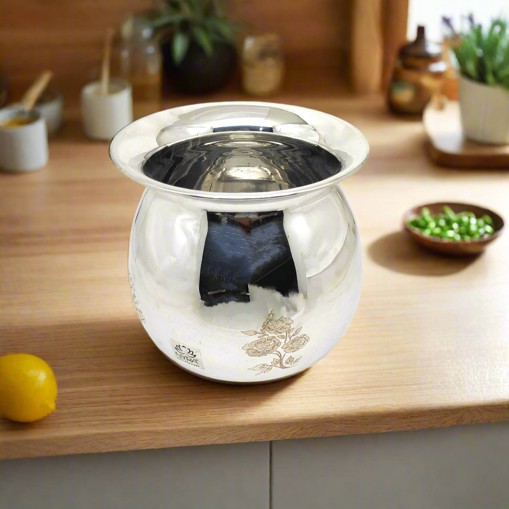 Stainless Steel Lassi Lota with Engraved Floral Design