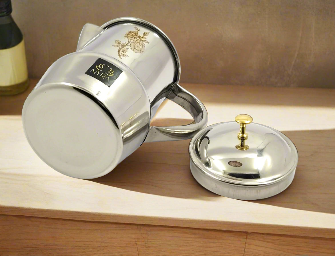 Stainless Steel Tea/Coffee Pot | Lazer Floral Print with Brass Knob