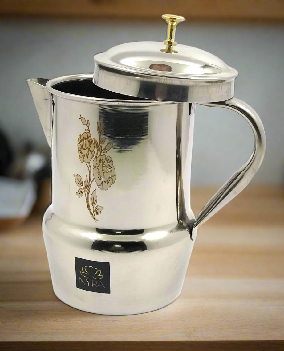 Stainless Steel Tea/Coffee Pot | Lazer Floral Print with Brass Knob