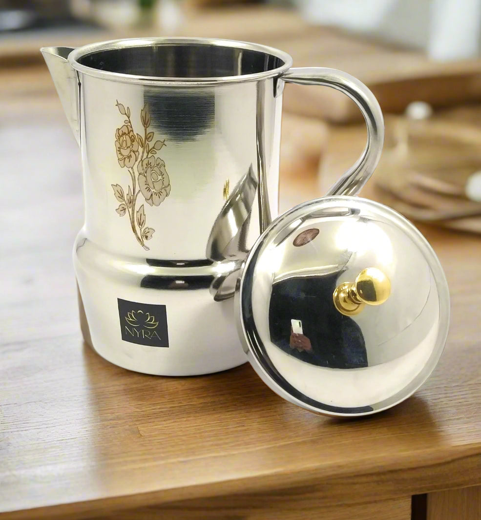 Stainless Steel Tea/Coffee Pot | Lazer Floral Print with Brass Knob