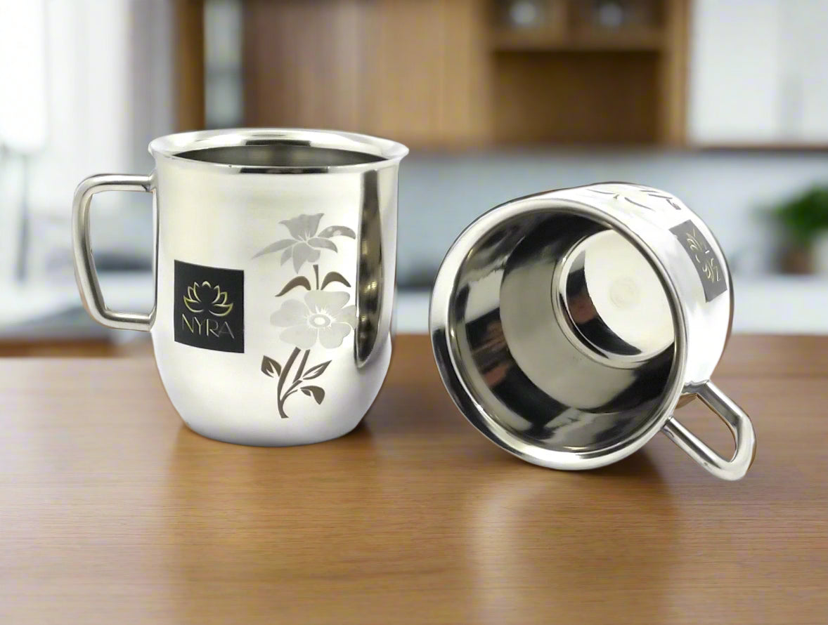 Stainless Steel Glossy Finish Cups with Laser Print & Riveted Handles - Set of 2