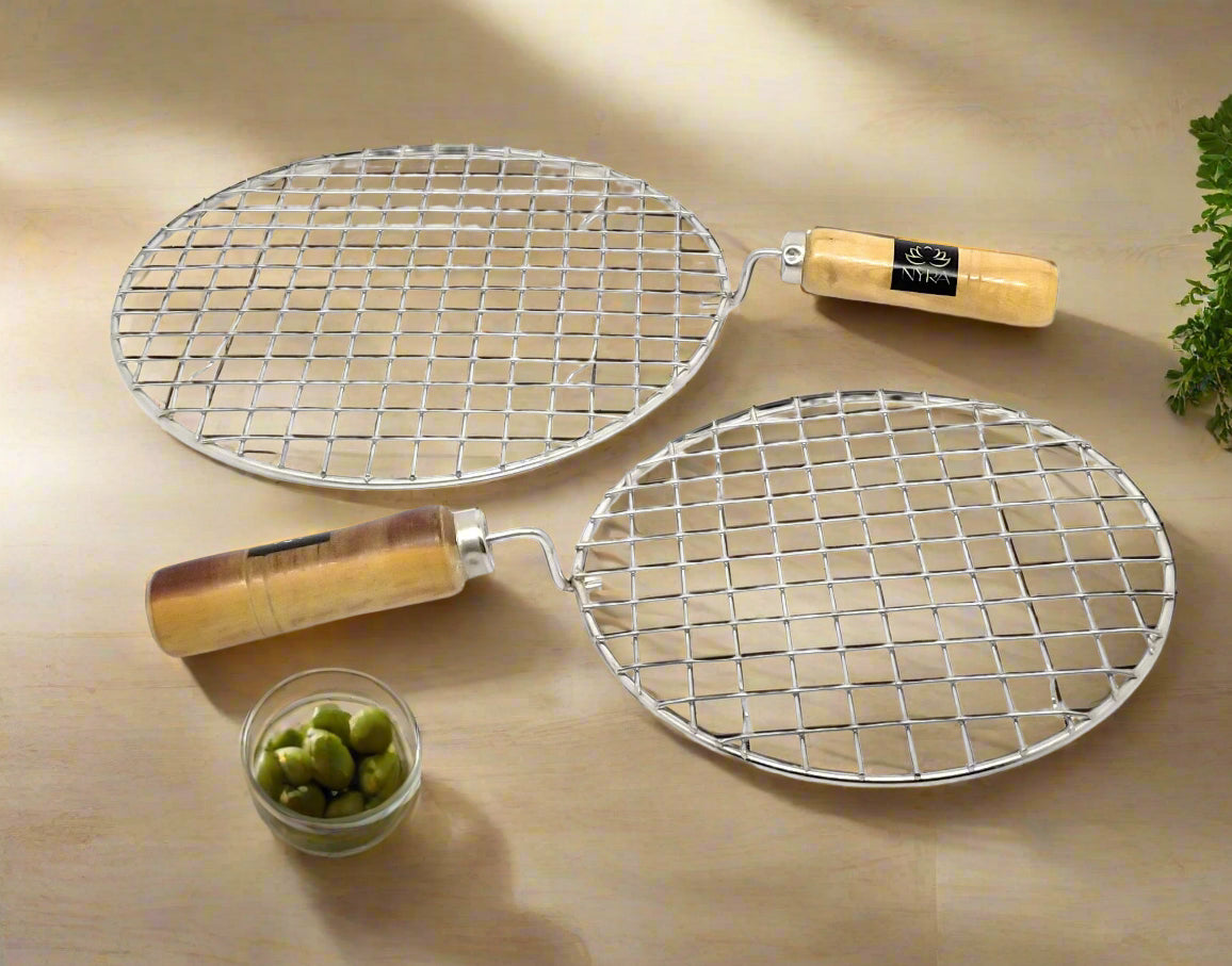 Stainless Steel Round Grill Roaster with Wooden Handle – Set of 2pcs.