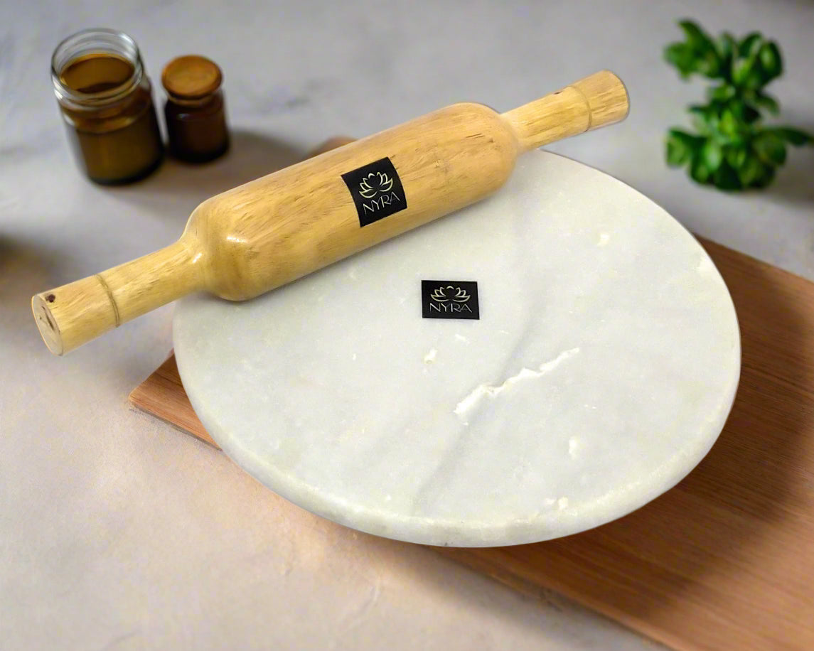 White Marble Chakla with Wooden Belan – Premium Roti Rolling Board & Pin