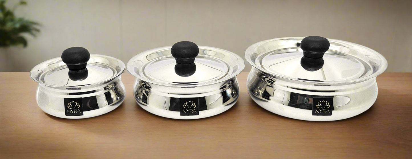 Stainless Steel Biryani Handis with Lid & PVC Knob - Set of 3pcs.