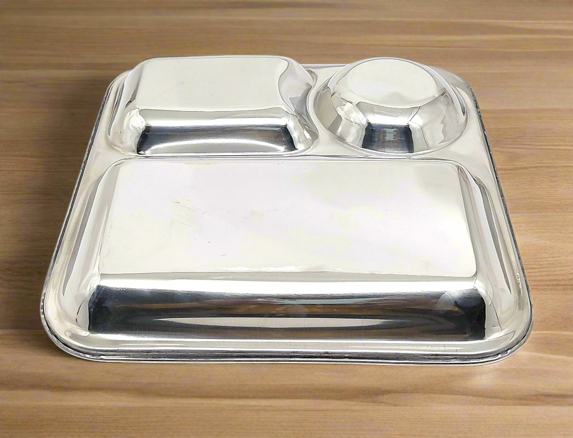 Stainless Steel Classy 3 in 1 Dinner Plate | Three Compartment Rectangular Plate for Snacks | Traditional Chhole Bhathure Bhojan Thali |