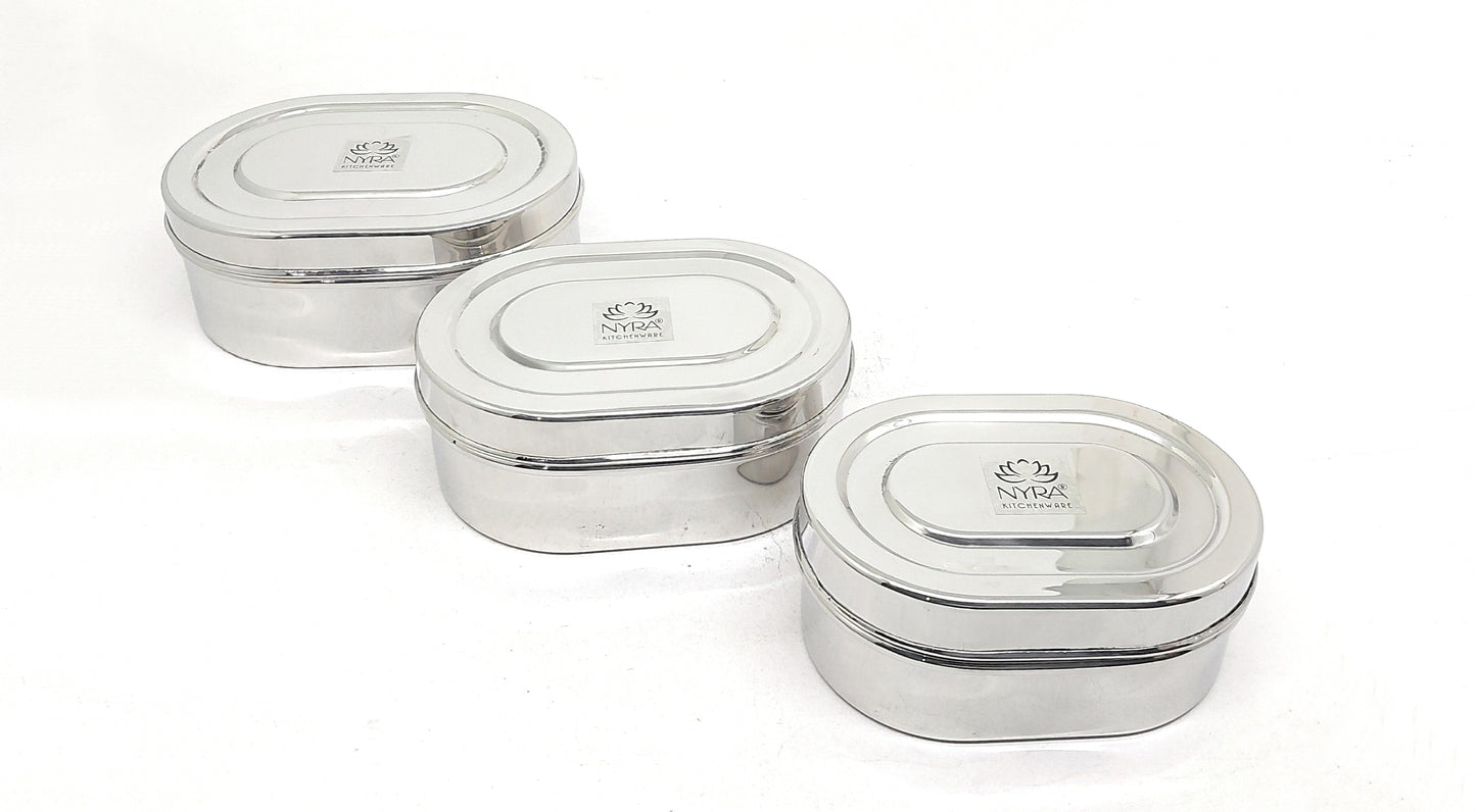 Capsule Shaped Multi-Purpose Stainless Steel Food Storage Container Set of 3 | Tiffin, Flat Canister, Dibba | Airtight & Glossy Finish | Kitchen Essentials |