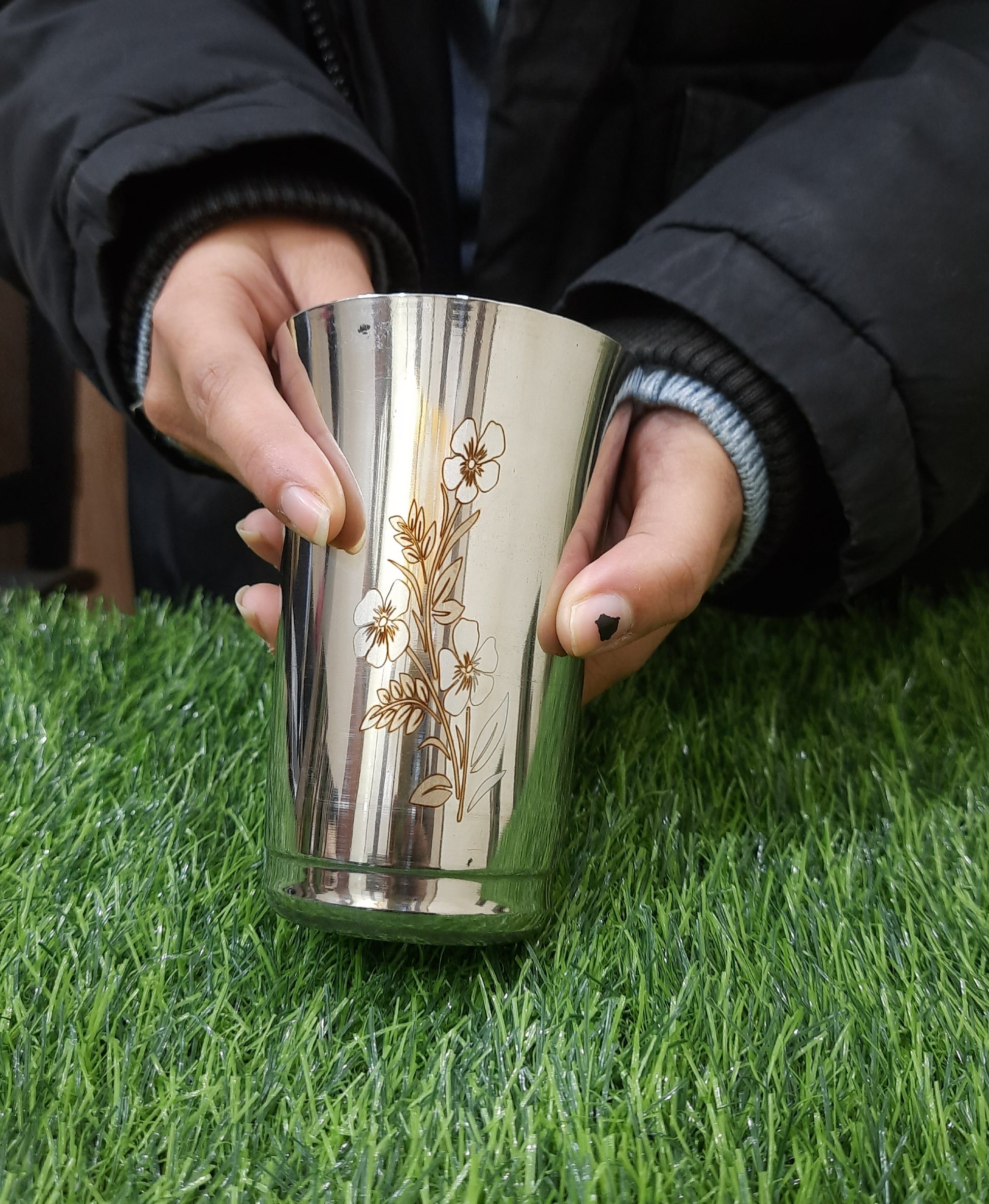 Stainless Steel Floral Print Glass Set with Lid