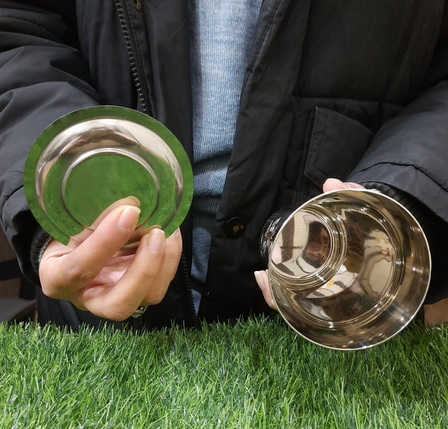 Stainless Steel Floral Print Glass Set with Lid