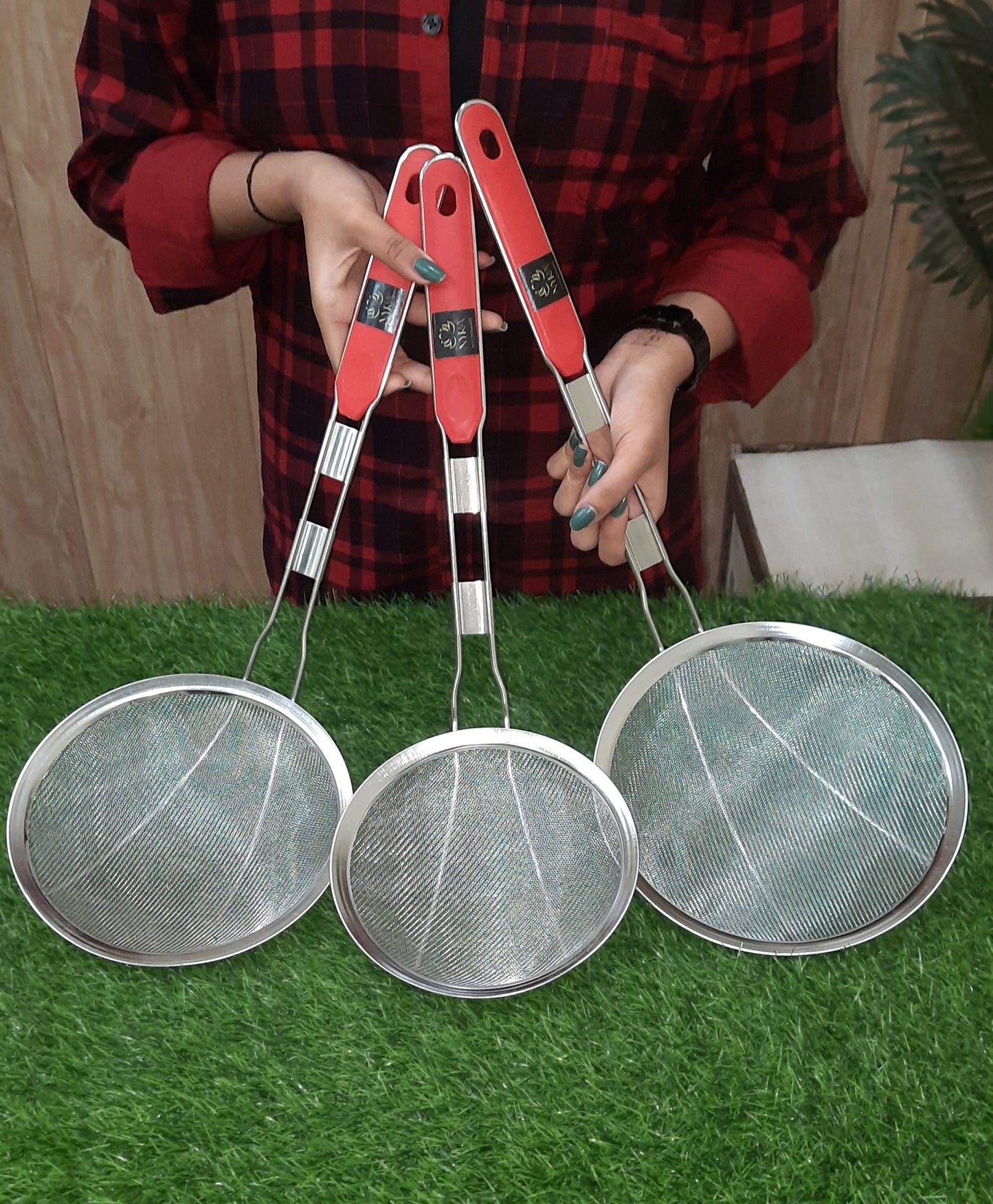 Stainless Steel Deep Fry Set with U-Shape Wooden Handle Jhara/Mesh/Wire/Skimmer/Puri Strainer for Kitchen
