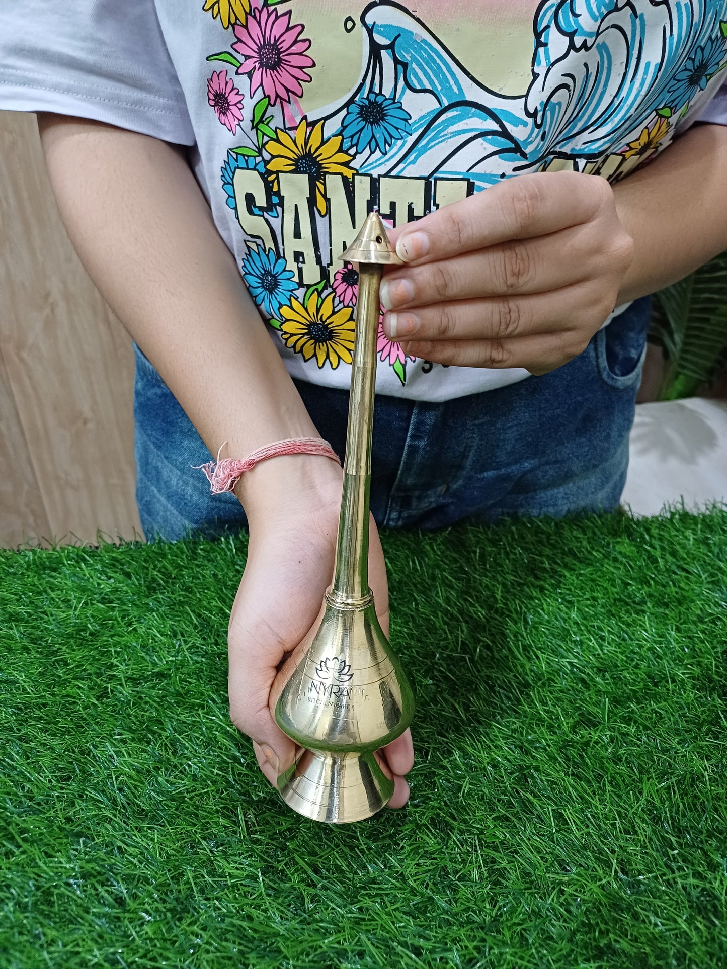 Brass/Peetal Sprinkler Bottle for Ganga Jal, Rose water and Perfume for Traditional Rituals