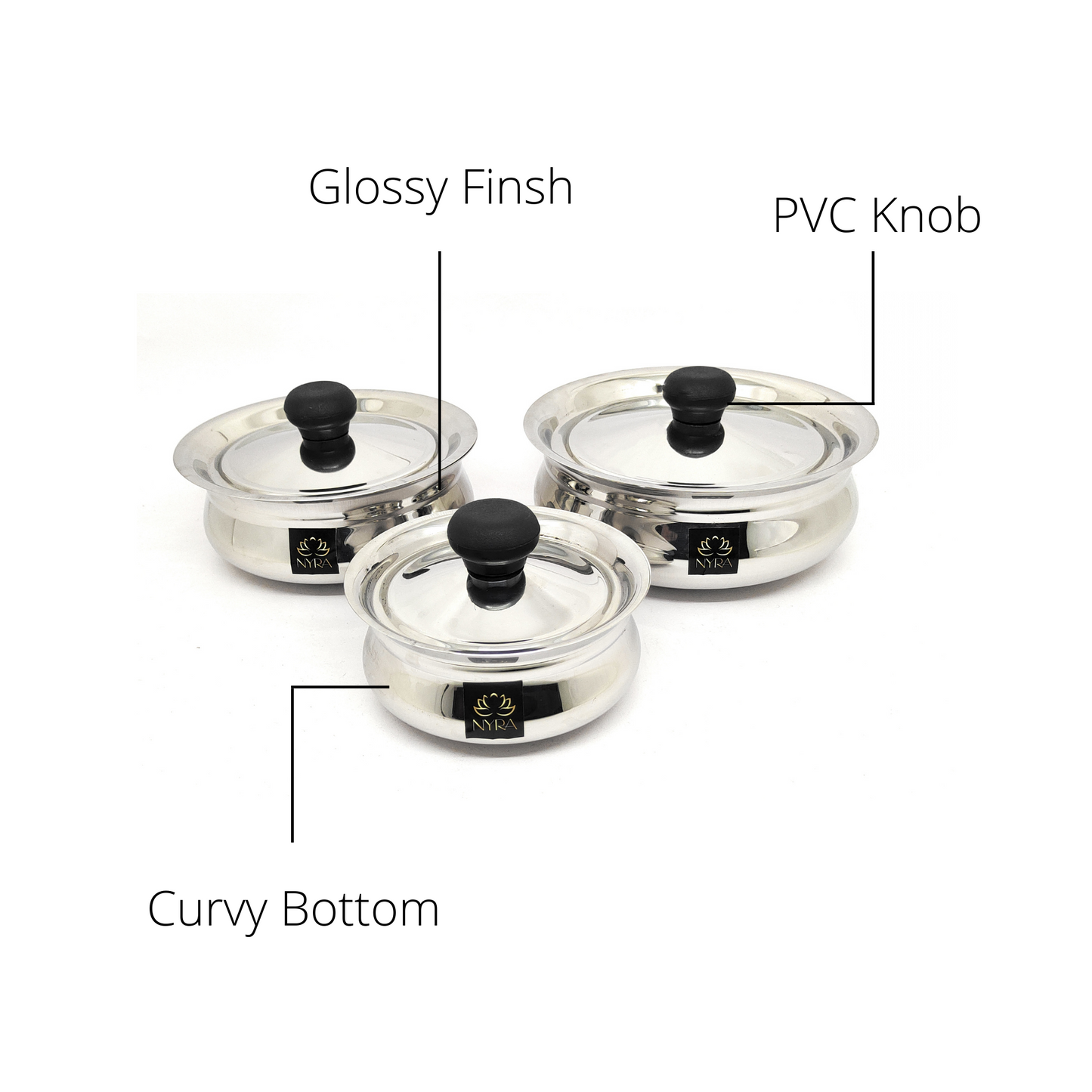 Stainless Steel Biryani Handis with Lid & PVC Knob - Set of 3pcs.