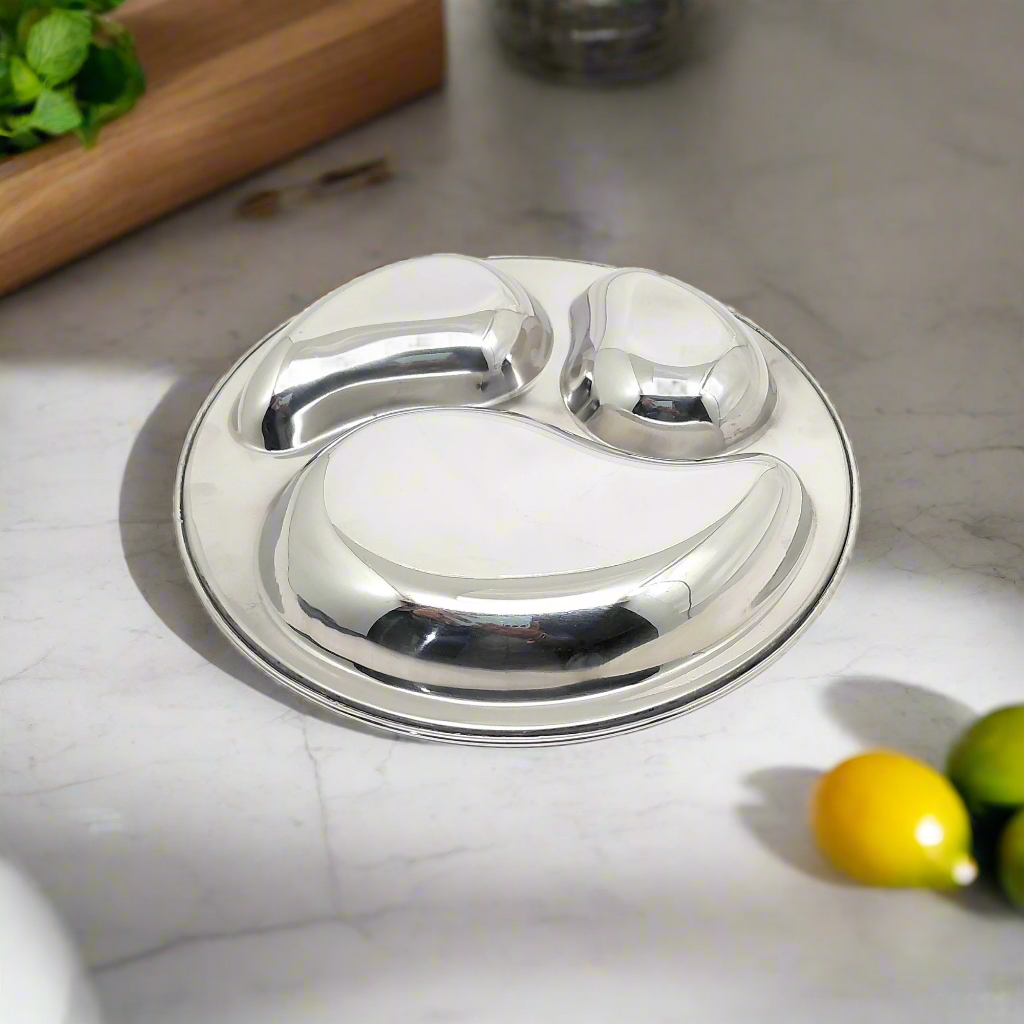 Stainless Steel 3-Compartment Dinner Plates | Mango-shaped Plates for Meals & Snacks |