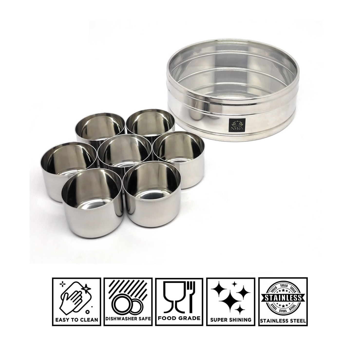 Nyra Stainless Steel Masaldani/Spice Box With See-Through Lid with 7 storing bowls