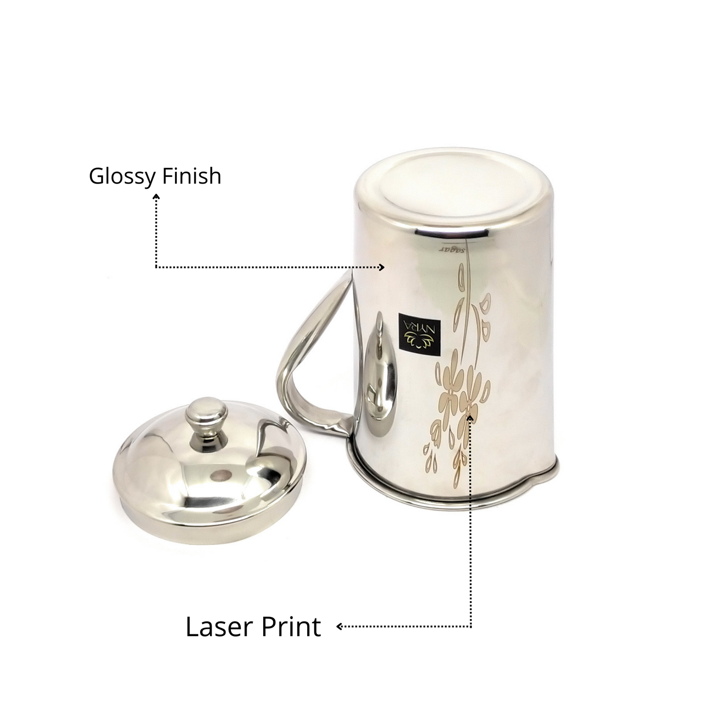 Stainless Steel Laser Printed Jug with Sturdy Handle and Lid - 2 LTR Drinkware