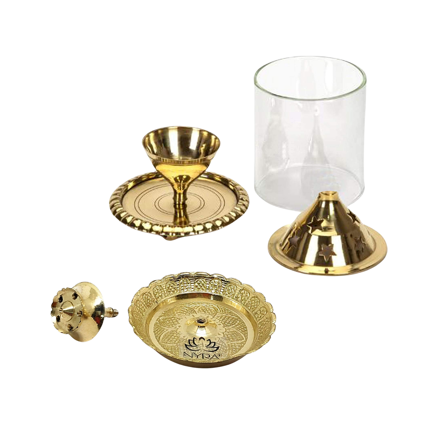 Brass Akhand Jyoti Diya with Borosiliate Glass Cover and Agarbatti stand Set/Combo