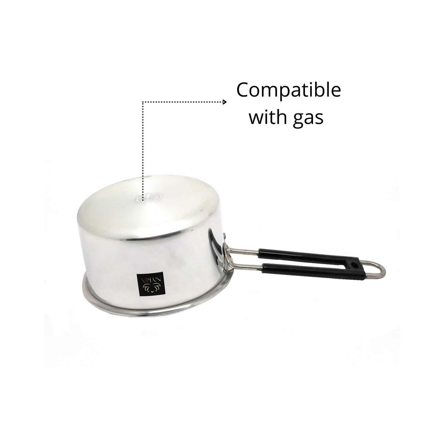 Aluminium pot with a handle on a white background, labeled 'Compatible with gas'.