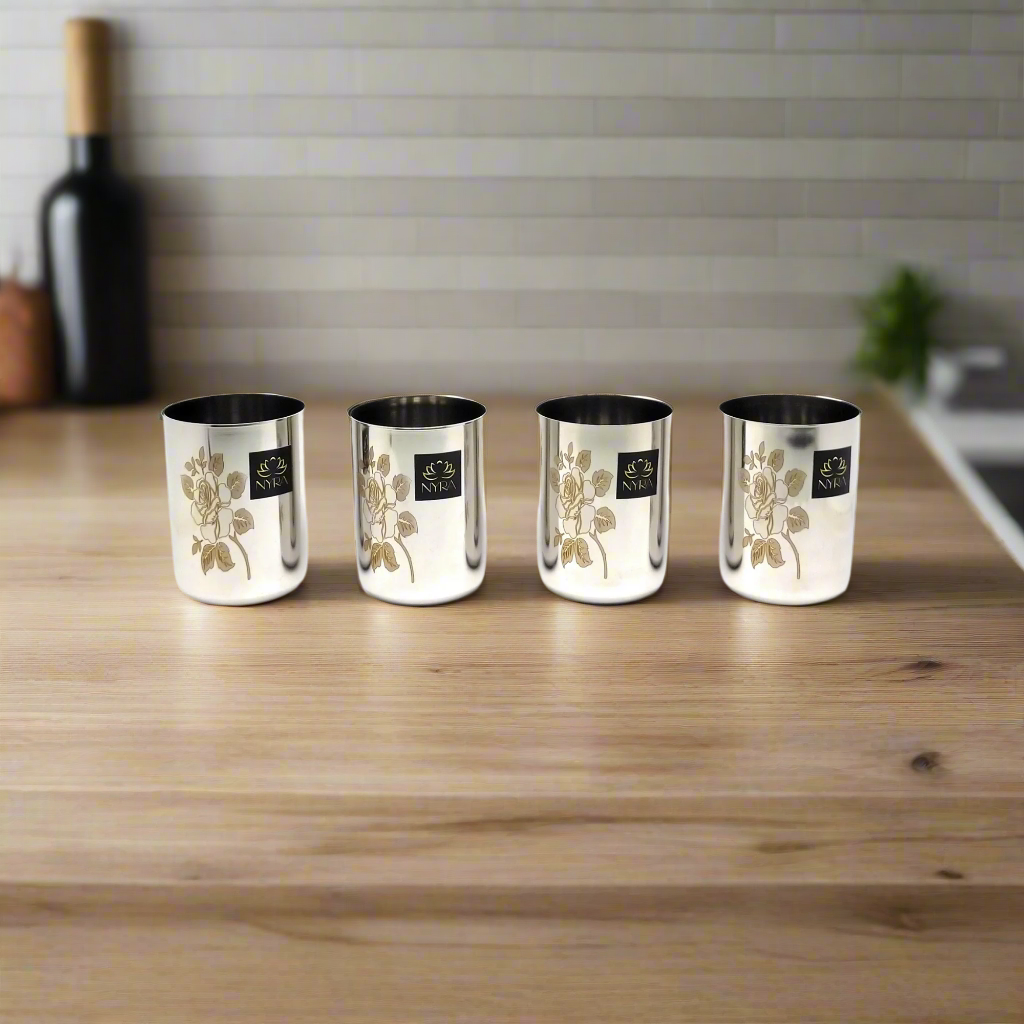 Stainless Steel Tumbler/Glass Set – with Floral Laser Design - 400ML