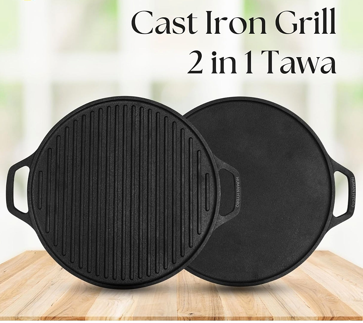 2-in-1 Cast Iron Dosa Tawa Grill Naturally Non-Stick, Induction Gas Compatible