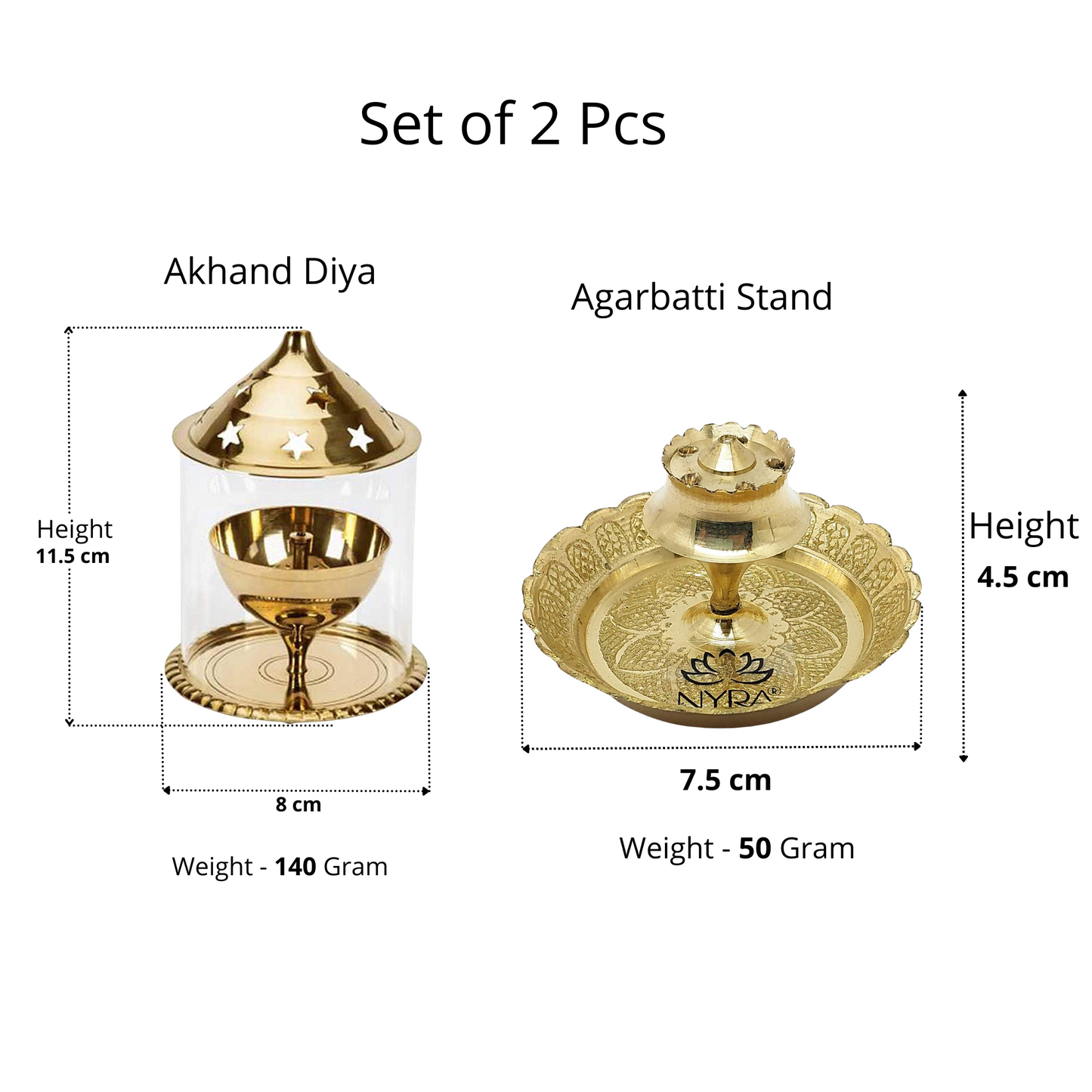 Brass Akhand Jyoti Diya with Borosiliate Glass Cover and Agarbatti stand Set/Combo