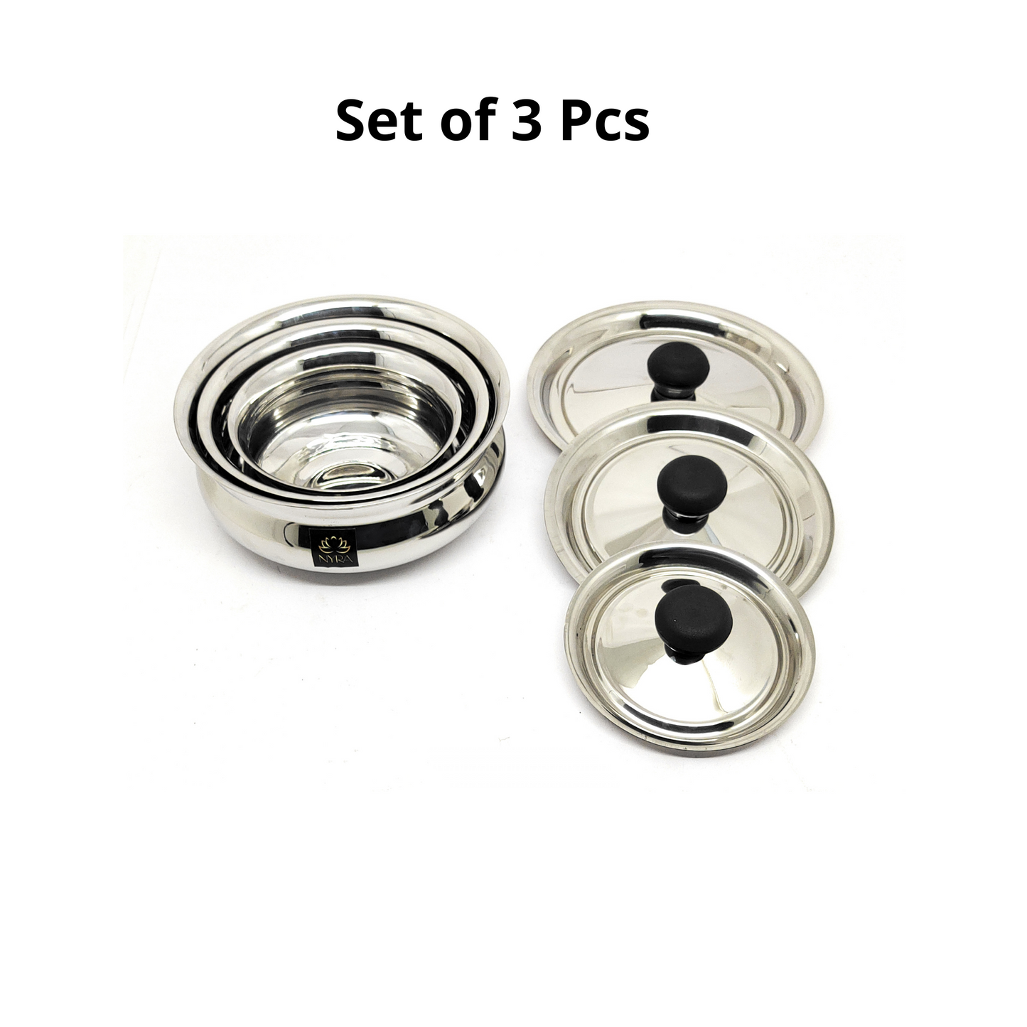 Stainless Steel Biryani Handis with Lid & PVC Knob - Set of 3pcs.