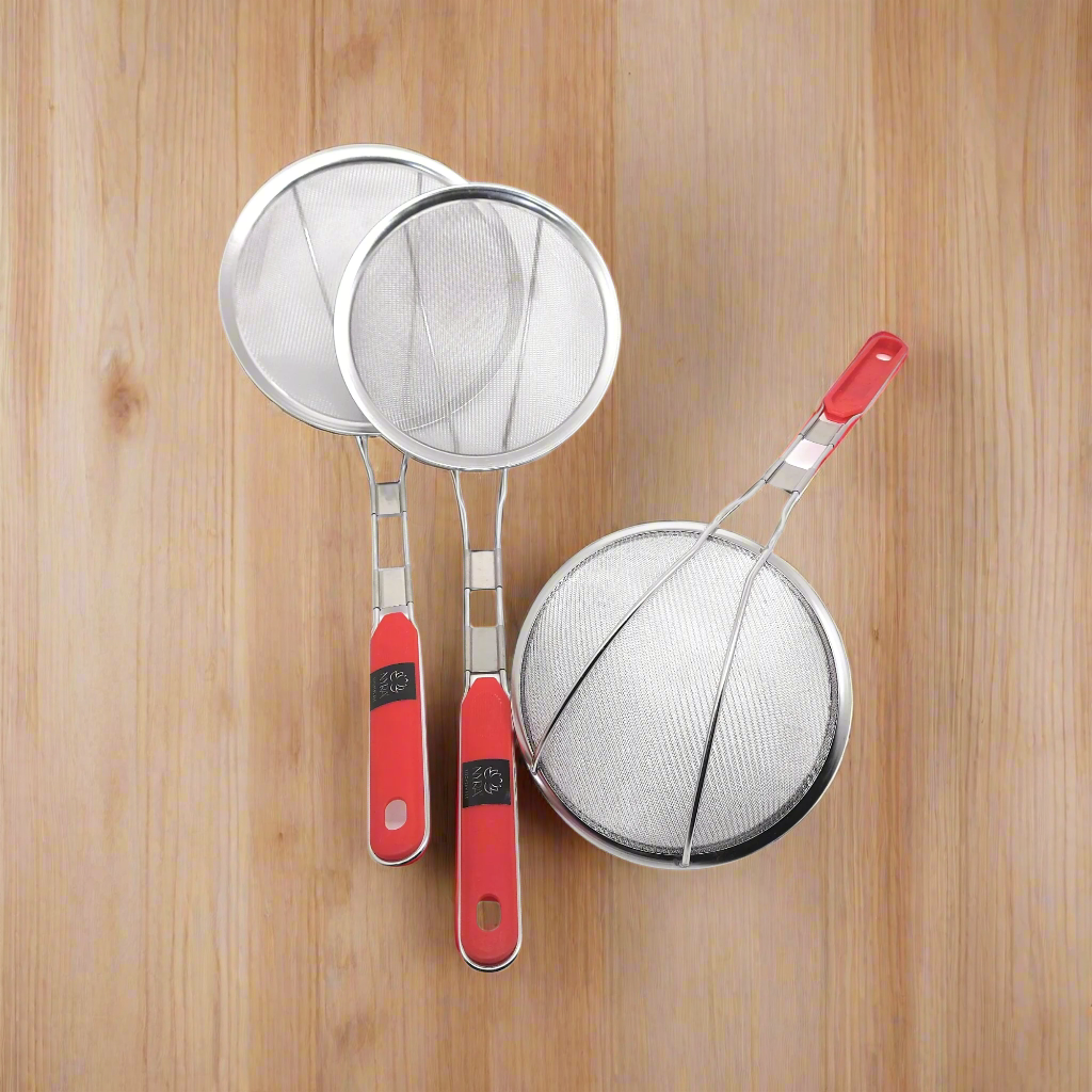 Stainless Steel Deep Fry Set with U-Shape Wooden Handle Jhara/Mesh/Wire/Skimmer/Puri Strainer for Kitchen
