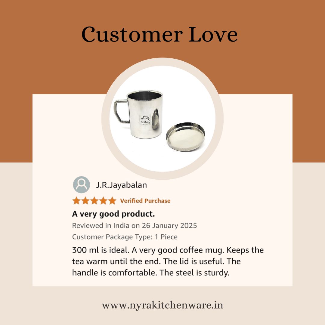 Silver coffee mug with lid on a white background, reviewed by J.R.Jayabalan with positive feedback.