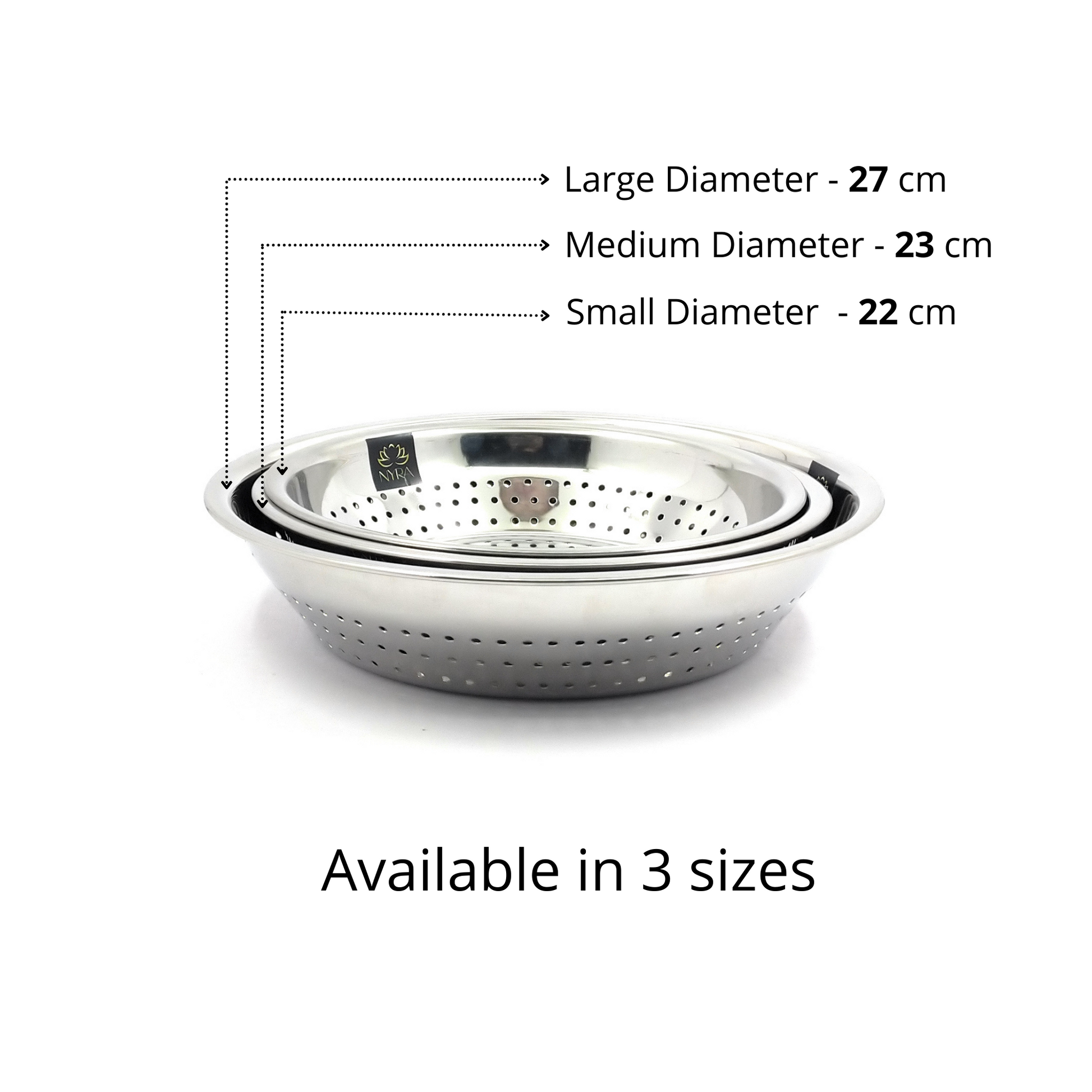 Stainless Steel Strainer & Colanders available in three different sizes