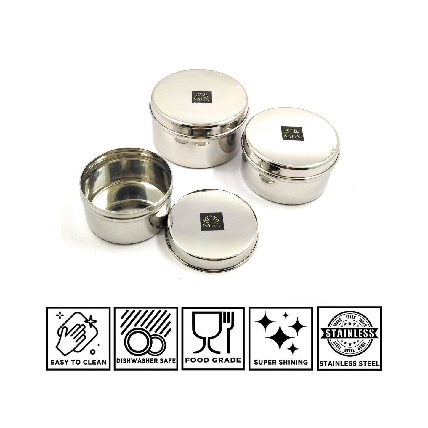 Stainless-Steel Box Round Storage Container (Gol Dibbi/Dabba)- Set of 3