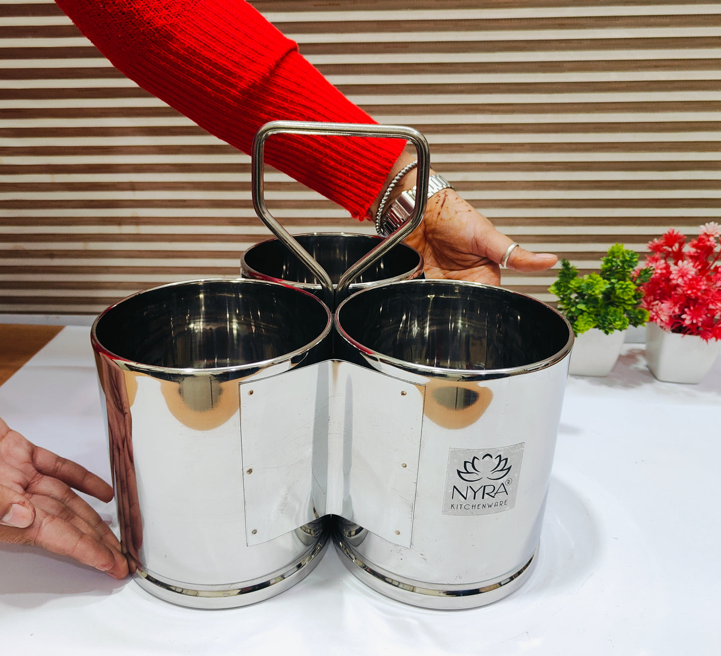 Stainless Steel Chougadha | Chaumukha Vegetable Holder with Handle – Premium 2, 3, 4 Container