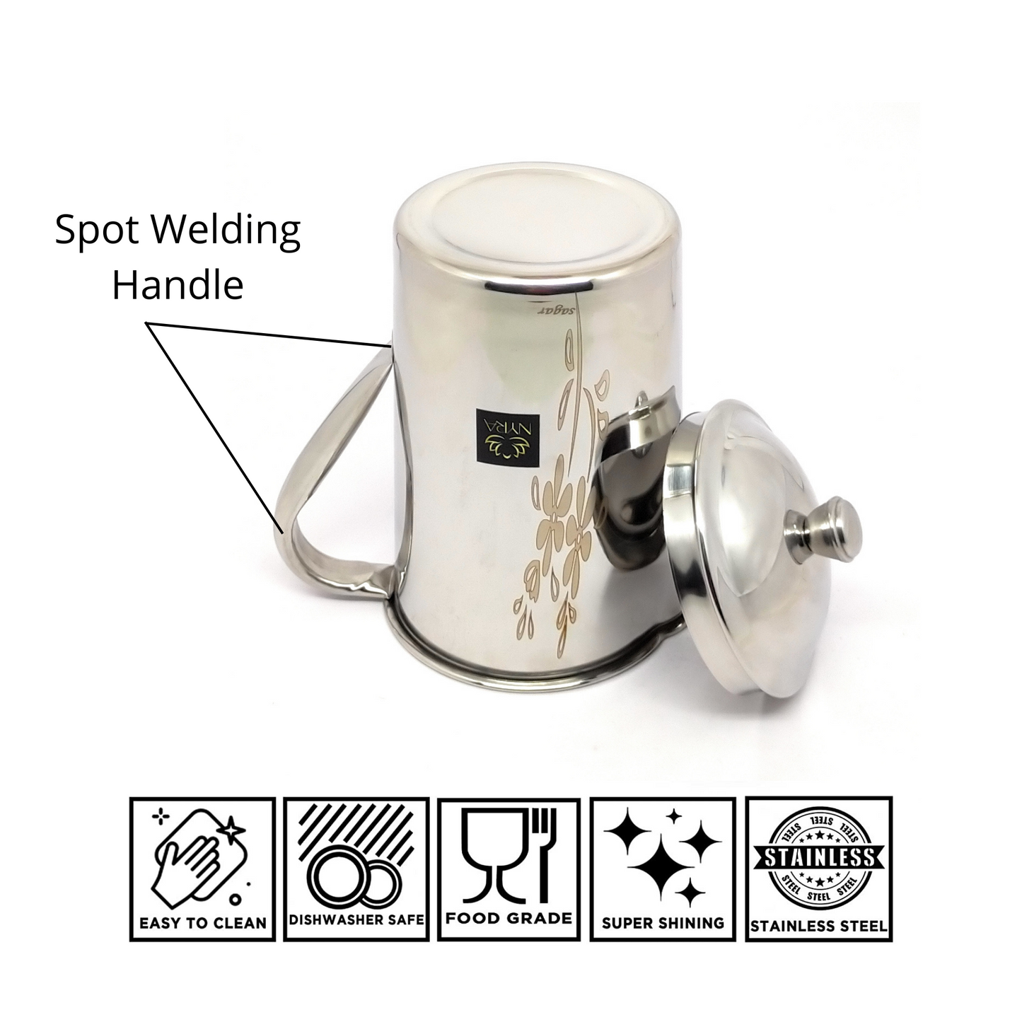 Stainless Steel Laser Printed Jug with Sturdy Handle and Lid - 2 LTR Drinkware