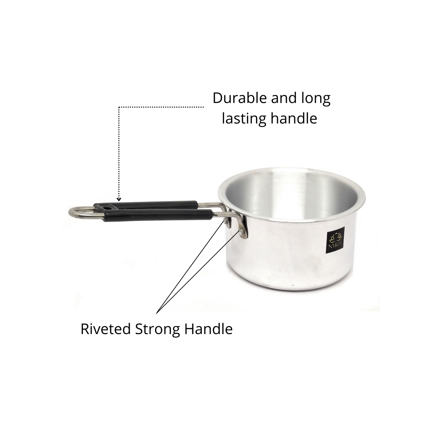 Stainless steel pot with a riveted handle on a white background