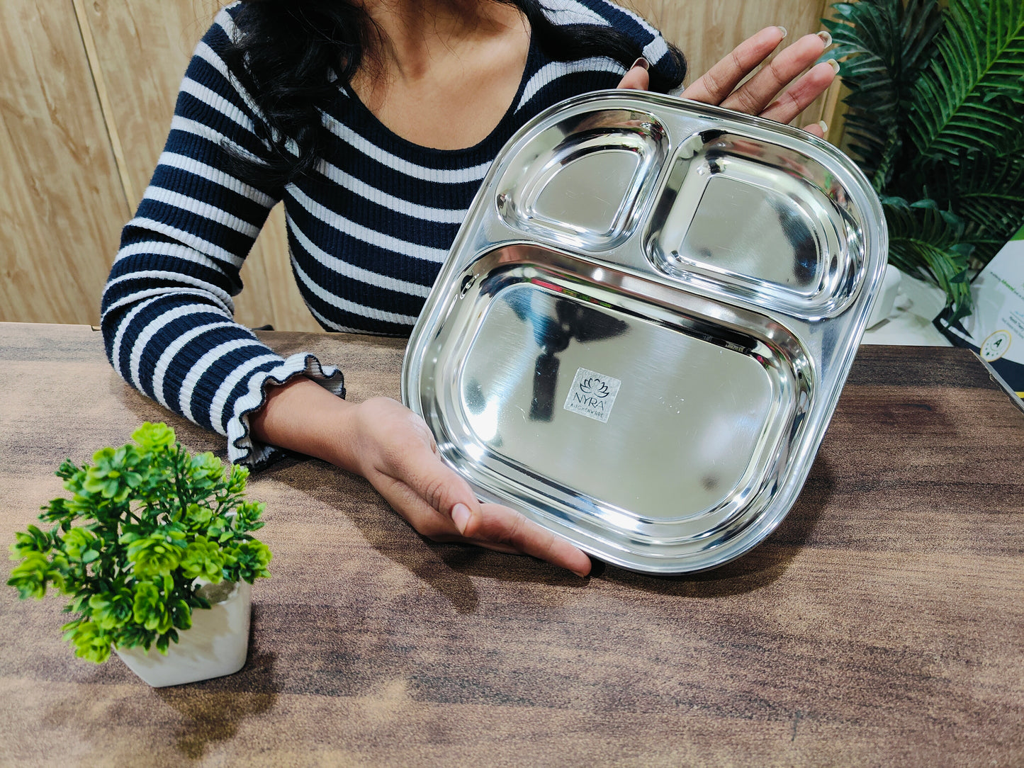 Stainless Steel Classy 3 in 1 Dinner Plate | Three Compartment Rectangular Plate for Snacks | Traditional Chhole Bhathure Bhojan Thali |
