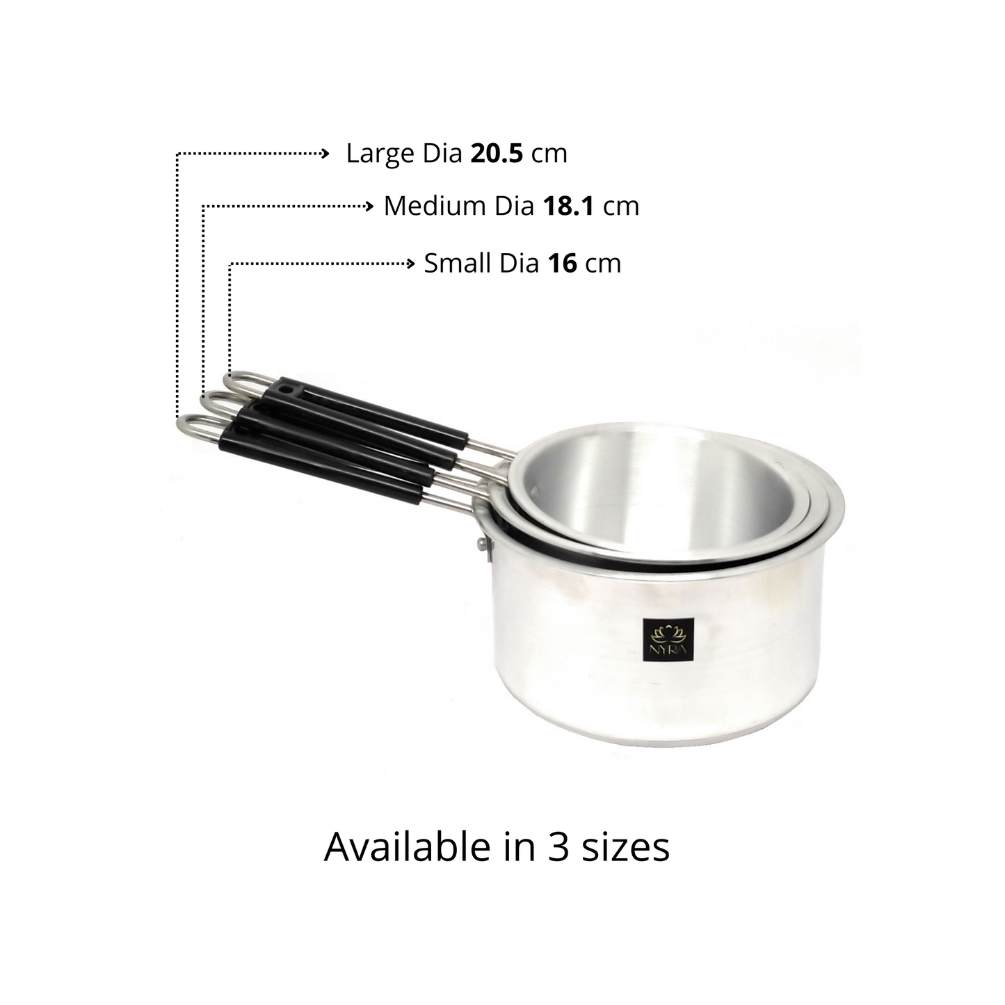 Set of three metal measuring cups with black handles and size measurements on a white background.
