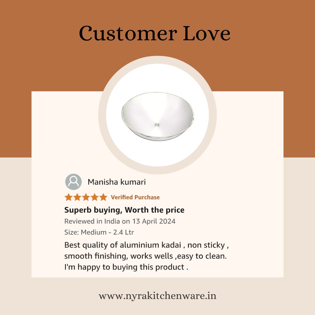 Product review card with a white kitchen item and customer feedback on a brown and beige background
