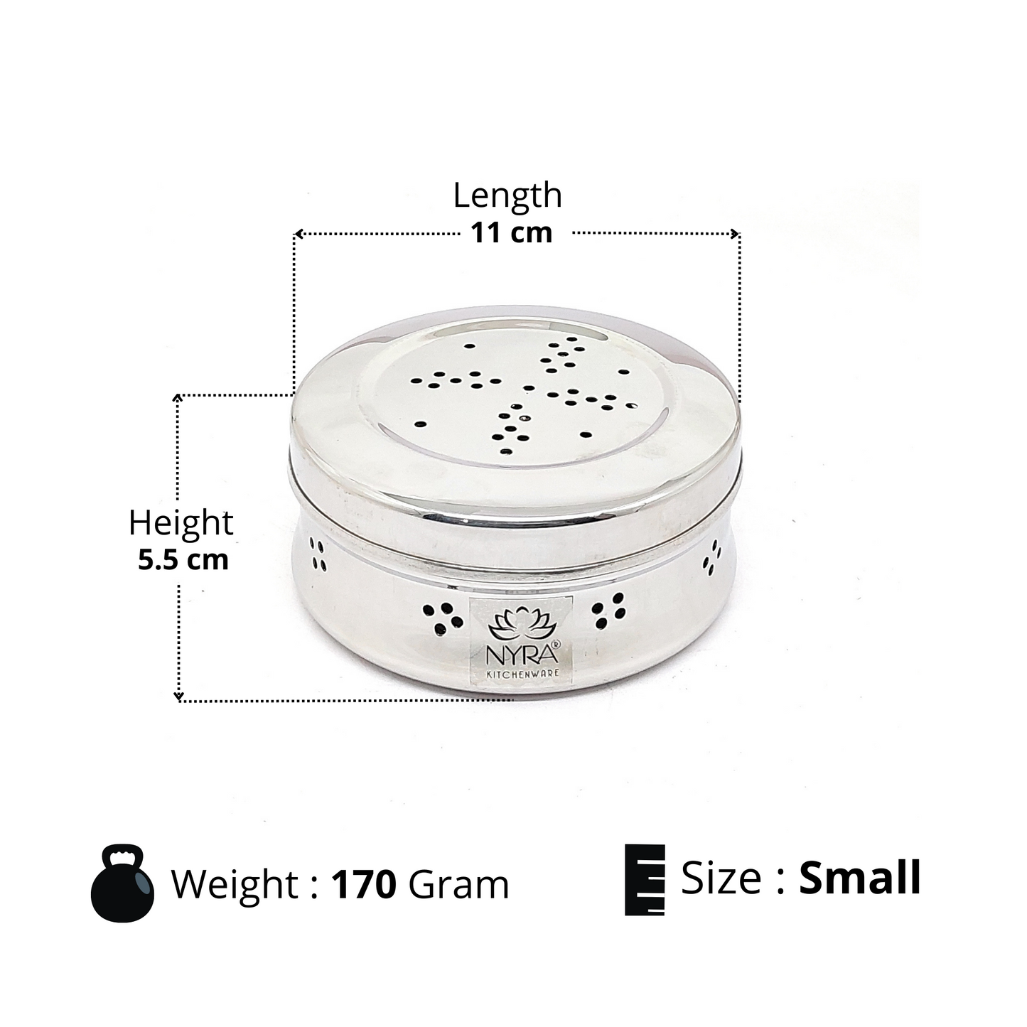 Dimensions of small Stainless Steel Round-Shaped Dhaniya/Coriander Box